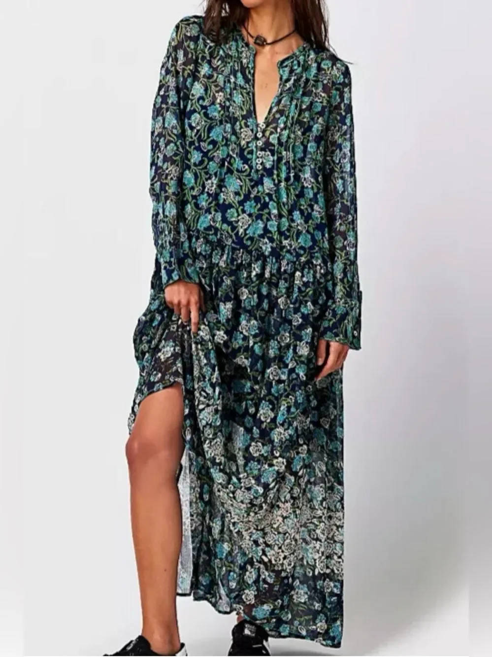 Free People Navy Blue Floral Boho Maxi Dress XS Cottagecore Festival Midi Maxi